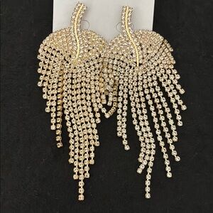Leaf Dangle Statement Tassel Earrings in Gold Tone & Clear Rhinestone